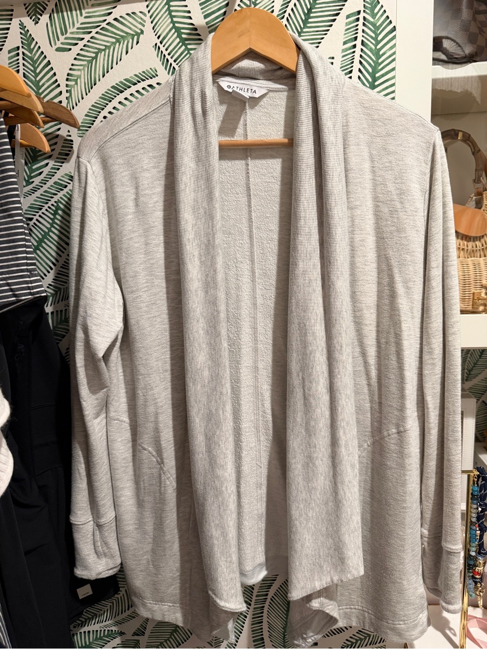 Athleta Light Cream Ribbed Open-Front Cardigan